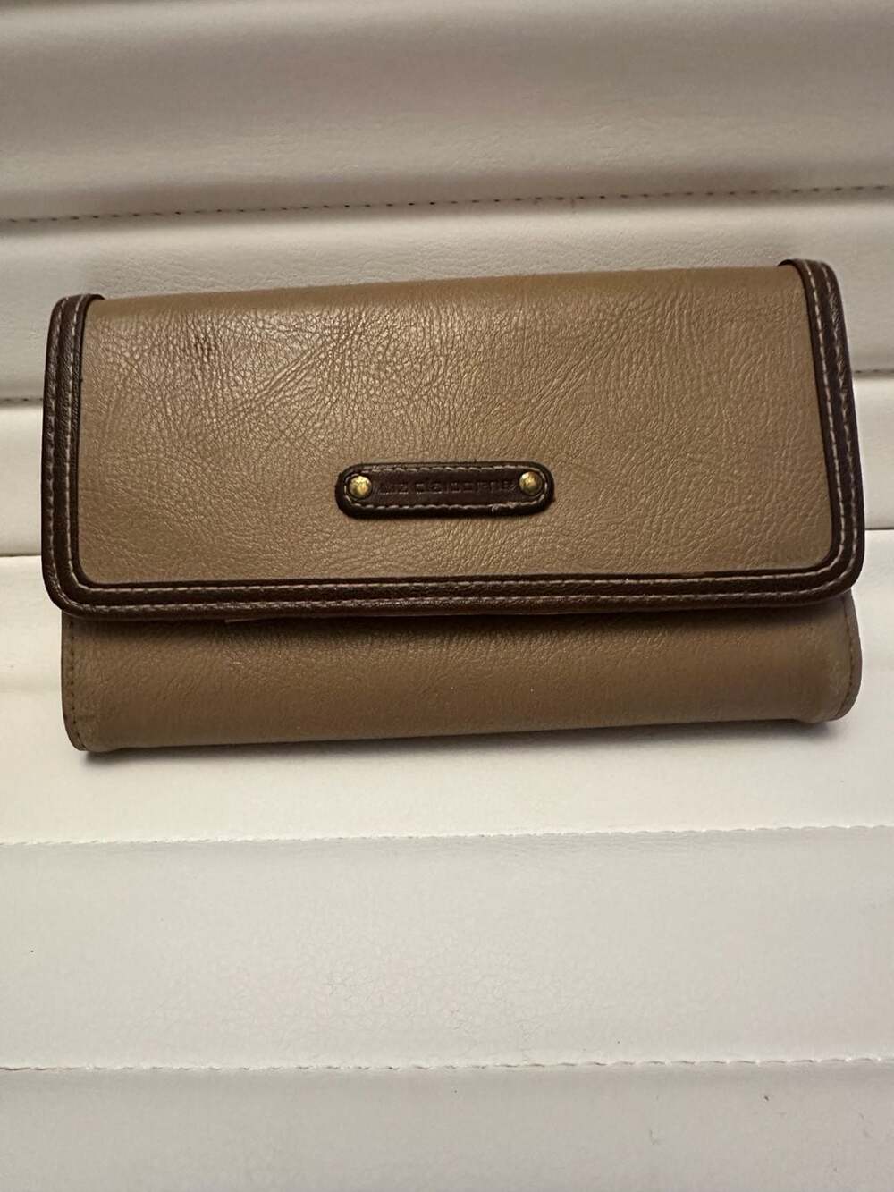 Liz Claiborne Taupe and Brown Faux Leather Flap Wallet